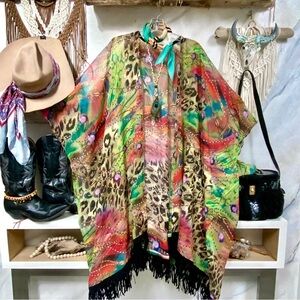 Vibrant Leopard-Print Fringe Kimono Cape - Multicolor